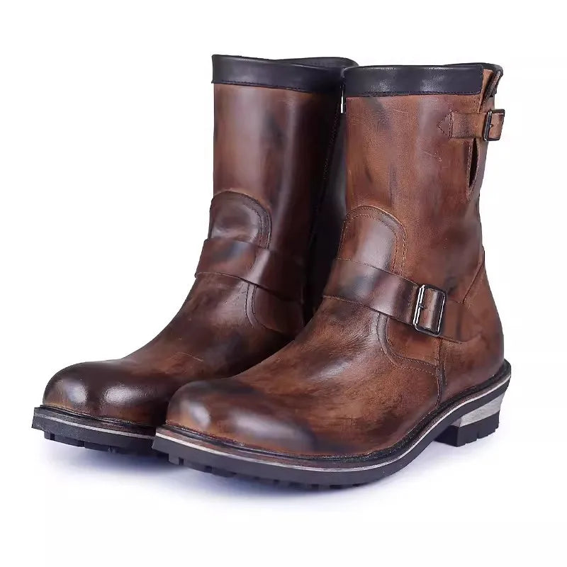 Vintage Mens Cowhide Genuine Leather High Top Engineer Boots Buckle Round Toe Motorcycle Riding Boots Zipper Work Safety Shoes