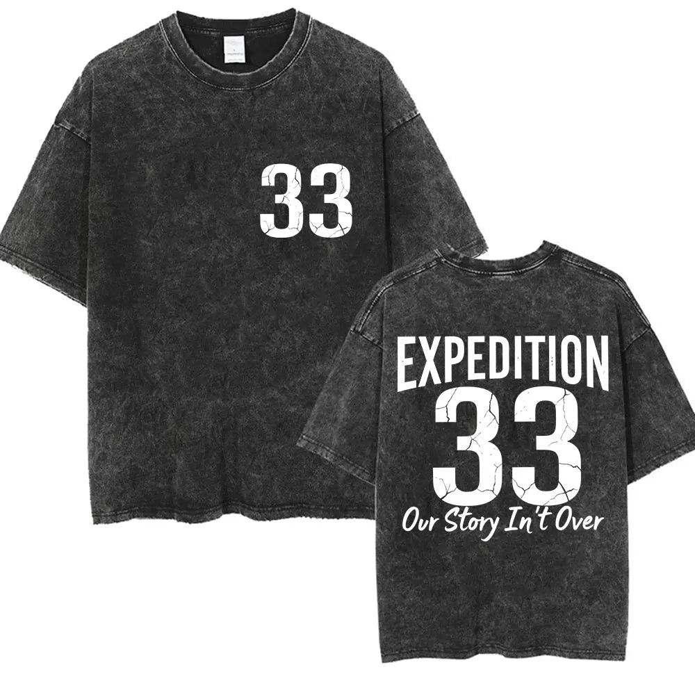 Game Clair Obscur Expédition 33 Vintage Washed T Shirts Men's Women Casual High Quality Oversized Cotton T-shirt Fans Streetwear