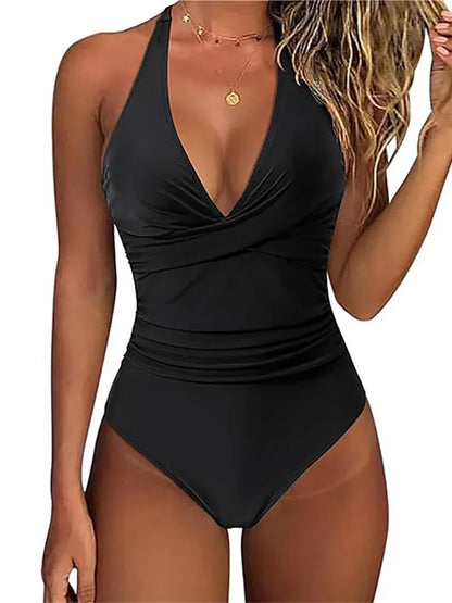 2026 New Wrinkled Halter V Neck One Piece Swimsuit Women Swimwear Female Monokini Backless Bathing Suit Swim Beachwear Bodysuit