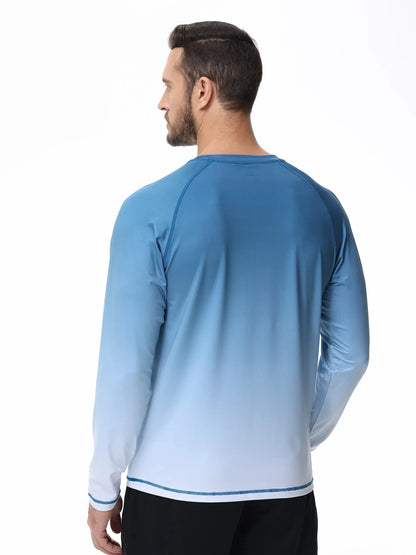 Summer Men's UPF 50+ Beach Swimming T-Shirt, Quick Dry Long Sleeve Fashion Gradient Rash Guard Tops for Sport Fishing Hiking