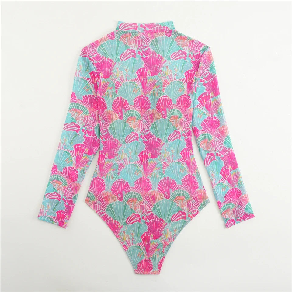One Piece Sun Protection Swimwear 2026 Women Long Sleeved Print Swimsuit Female Sports Bathers Swimming Bodysuit Beach купальник