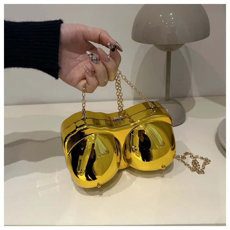 Party Purse Chest Shape PVC Bag For Women 2025 Mini Crossbody Bag Metal Chain Shoulder Bag Luxury Gold Silvery Lipstick Pouch