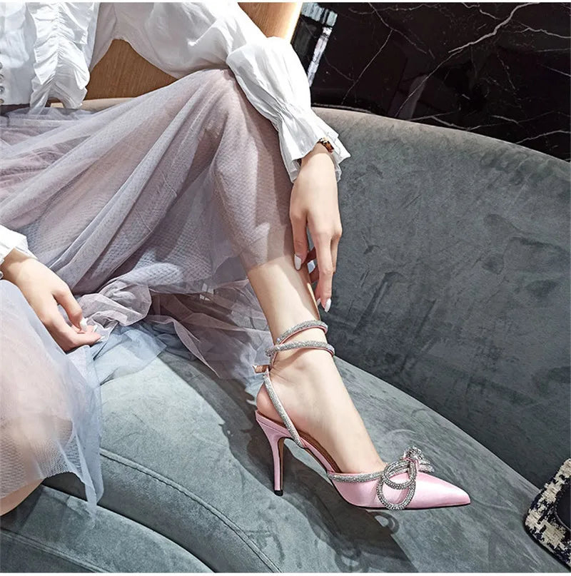 2025 New Fashion Glitter Rhinestones Women Pumps Crystal Bowknot Silk Pointed Toe Buckle Strap Thin High Heels Party Prom Shoes