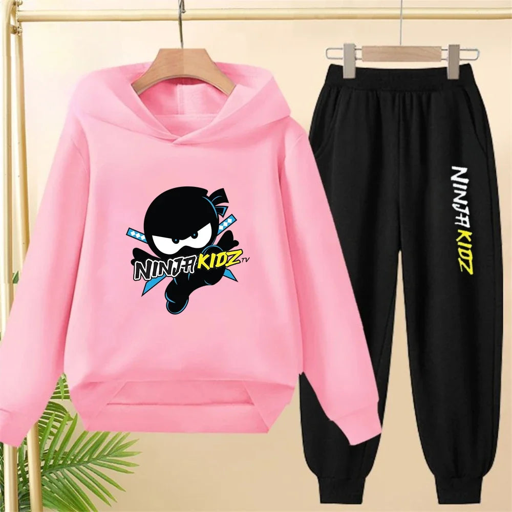 Children Hoodie Child Ninja Print 3-12 Years Old Boys Girls Toddler Coat Top+Pants Stylish Casual Black Sweatshirt Set