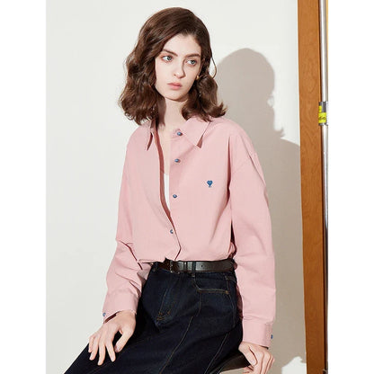Women Blouse Shirt 2025 Spring New Love Embroidered Simple and Versatile Solid Color Pure Cotton Shirt Tops