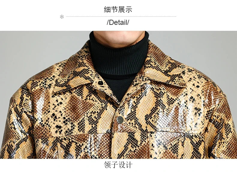 Autumn Short Handsome Cool Colorful Snakeskin Print Pu Leather Jacket Men Luxury European Style Clothes 2023 EU Size
