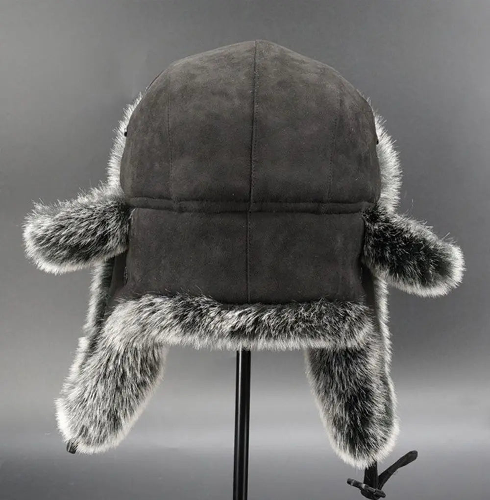 Suede Leather Russian Cossack Ski Cap Earflap Bonnet Faux Fur Earflap Bomber Hats Trapper Hat