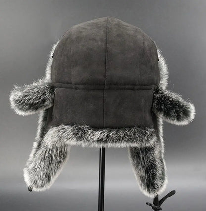 Suede Leather Russian Cossack Ski Cap Earflap Bonnet Faux Fur Earflap Bomber Hats Trapper Hat