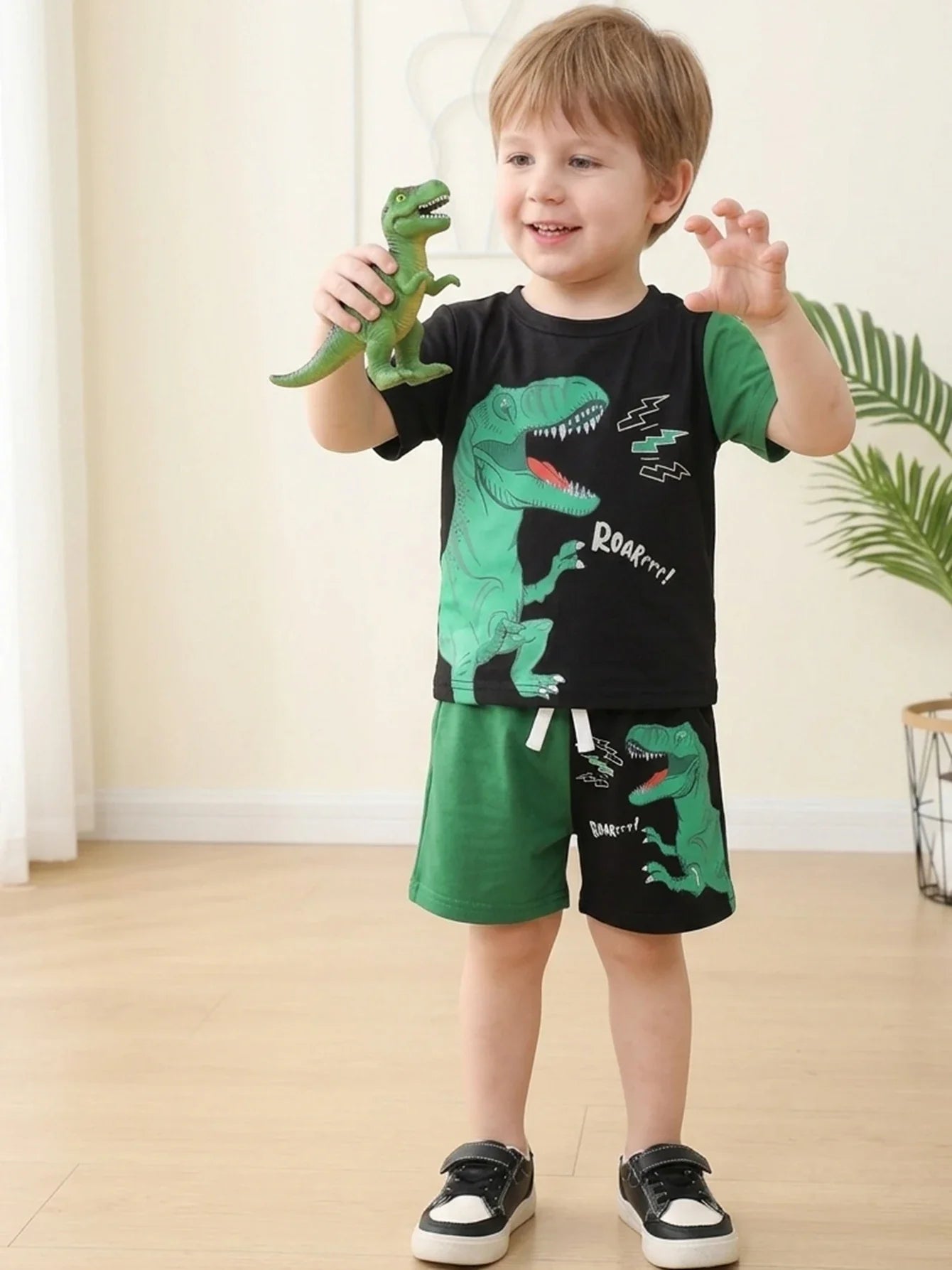 Boys Summer Clothes Set Dinosaur ROAR Print Color Block T-shirt Shorts 2Pcs Toddler Kids Breathable Sporty Casual Outfit