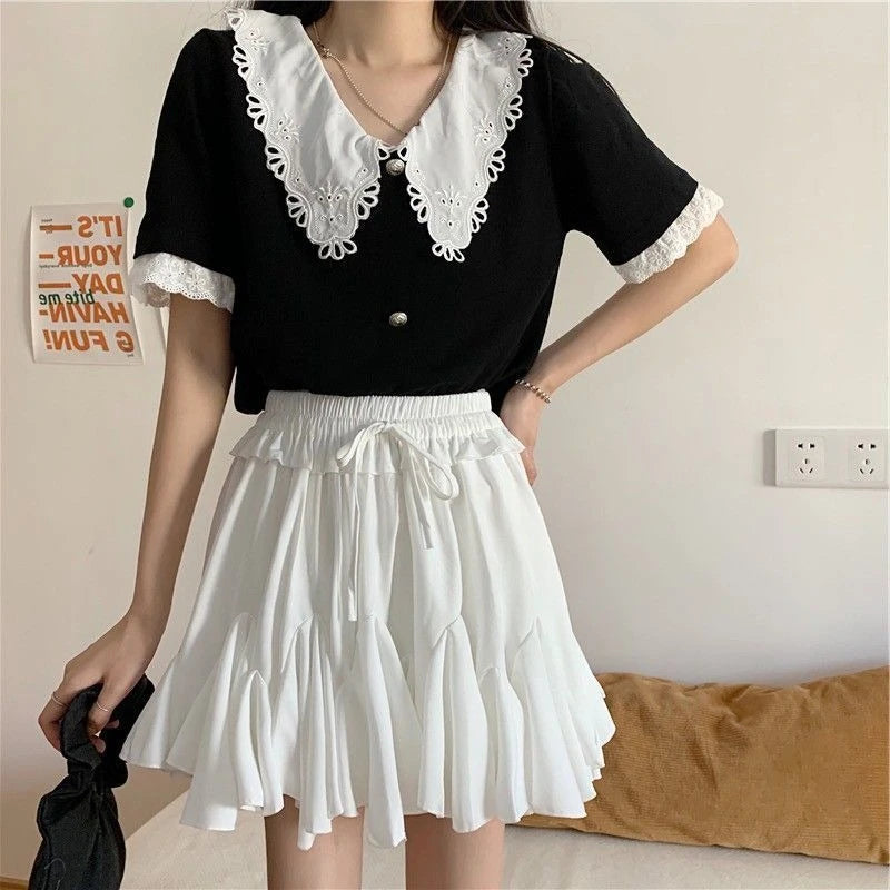 Summer Ball Gown White Mini Skirts Women 2024 Casual High Waist Ruffles Faldas Korean Bow Harajuku Y2k Micro Tennis Skirt Black