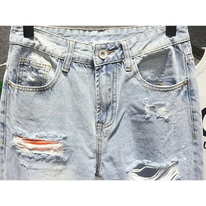 MEN's Casual Denim Jeans Loose-fit with Ripped Patches and Frayed Hems for Spring and Autumn Washed Harem Cotton Trousers Male
