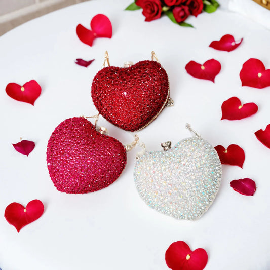 Designer Luxury Diamond Heart-shaped Bag Red Rhinestone Evening Clutch Purse Female Wedding Handbag Woman Chain Shoulder Bags