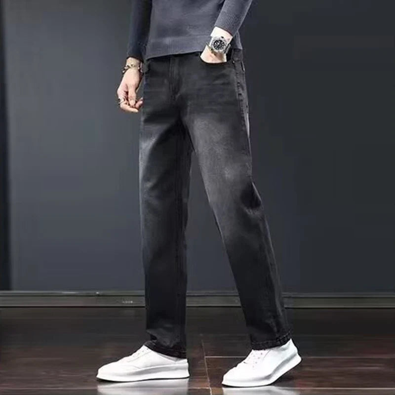 2025 New Men Fashion Loose Straight Elasticity Jeans Male Wear-resistant Slim Fit Denim Pants Smart Casual Dark Gray Trousers