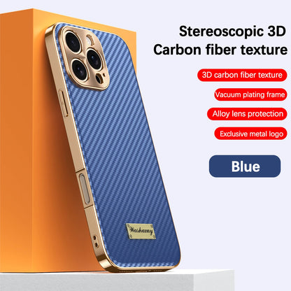 Luxury Plating Leather Carbon Fiber Texture Phone Case For iPhone 17 16 15 14 13 Pro Max Plus 17Air Alloy Lens Shockproof Cover