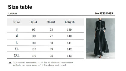 French Elegant Chiffon Maxi Dress, High Neck Long Sleeve with White Piping Trim, Ideal for Office, Business, Banquets & Parties