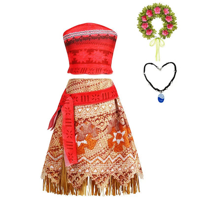 Moana Dress Kids Girls Children Cosplay Princess Birthday Carnival Party Costume with Necklace Flower Set Summer