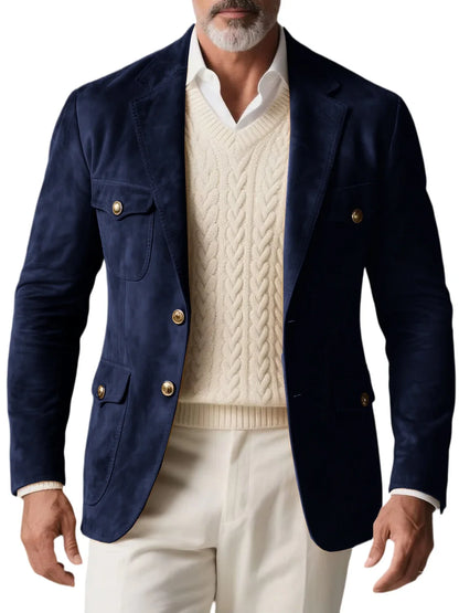 1970s Men's Suede Blazer Retro Slim Fit Two Buttons Multi Pocket High Quality Jacket Fashion Casual Sport Coat For Daily Wear