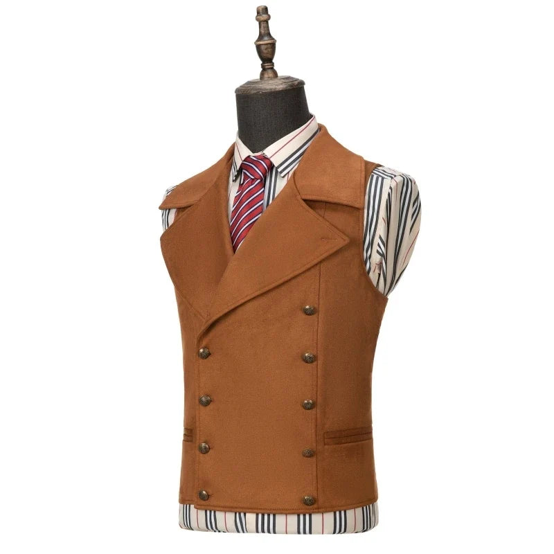 Men Vest Brown Double Button Frosted Velvet Waistcoat For Banquet Birthday Wedding Business Work Formal Set Men Suit Vest