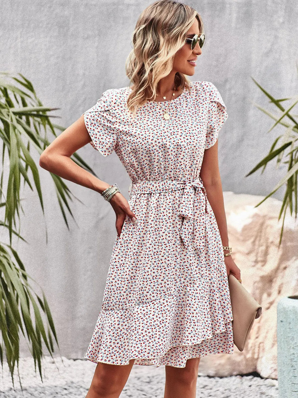 Summer O Neck Casual Printd Women Strap High Waist Pleated Floral Dress