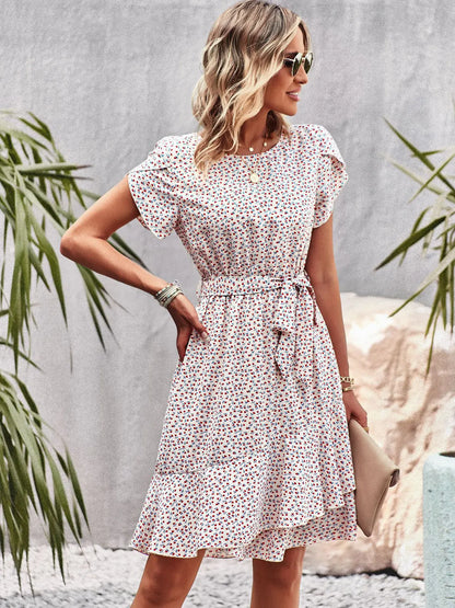 Summer O Neck Casual Printd Women Strap High Waist Pleated Floral Dress