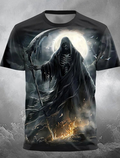 Hot selling European and American men's summer personalized skull print Halloween breathable round neck T-shirt outdoor party to