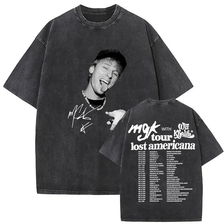 MGK Lost Americana Tour 2025-2026 Vintage Washed T Shirt Men Women Summer Fashion Cotton Short Sleeve T-shirt Fans Gift Clothing