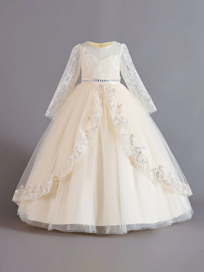 Long Sleeve Baptism Bridesmaids Party Girl Dresses Tulle Wedding Costumes Elegant Flower Princess Dress Girls Birthday Prom Gown