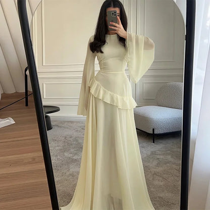 Women Chiffon Solid Ruffled Dress Flare Sleeve Round Neck 2025 New Elegant Maxi Gown Evening Party Fashion Holiday Lady