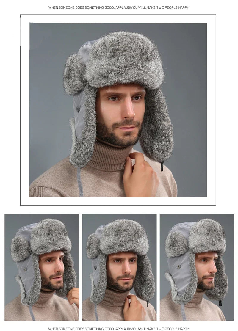 Russia Winter Real fur Hat Unisex Outdoor Windproof Super Warm Real Rabbit Fur Bomber Hats Natural Soft Natural Rabbit Fur Caps