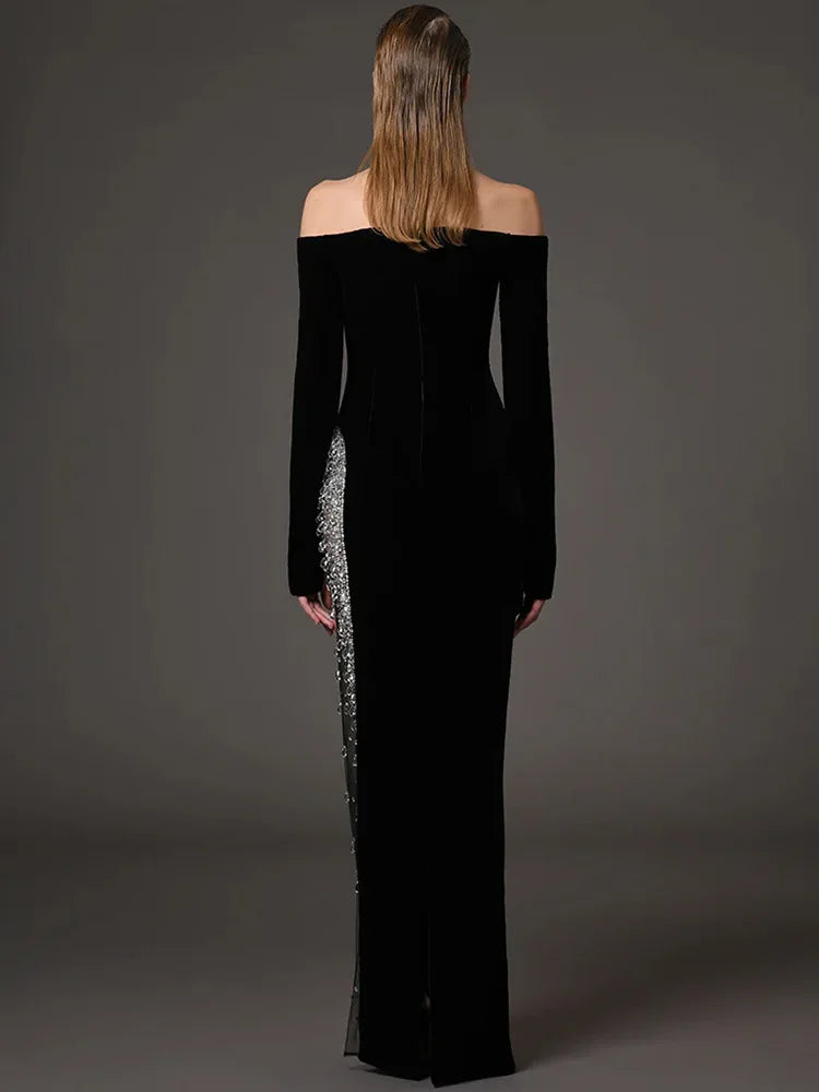 HIGH STREET Newest 2026 Designer Vestido Women's Diamonds Beaded Slash Neck Off The Shoulders Patchwork Gauze Long Maxi Dress