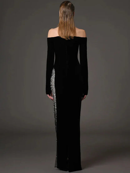 HIGH STREET Newest 2026 Designer Vestido Women's Diamonds Beaded Slash Neck Off The Shoulders Patchwork Gauze Long Maxi Dress