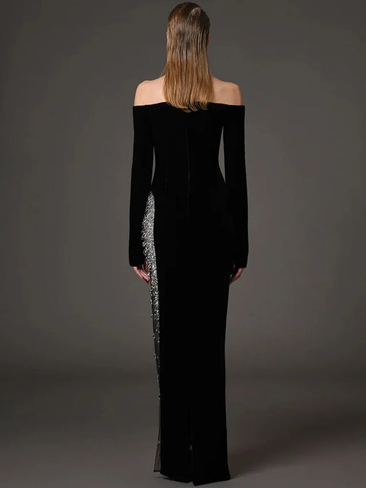 HIGH STREET Newest 2026 Designer Vestido Women's Diamonds Beaded Slash Neck Off The Shoulders Patchwork Gauze Long Maxi Dress