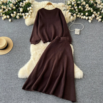 Autumn Casual Two Pieces Sets Women O-Neck Loose Knitting Top+Elastic Waist Large Swing Skirt Basic Korean Winter Sets