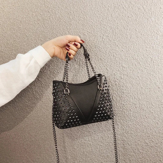 Studded Shoulder Bag for Women Leather Punk Style Rock Rivet Crossbody Bag Handbag with Chain Wallet Purse for Girls
