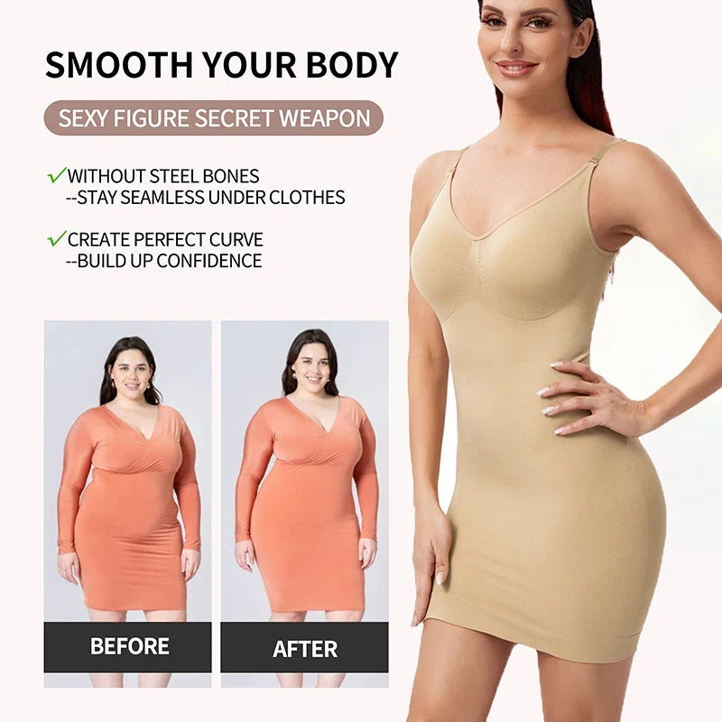 Sexy Full Slip Shapewear Women Dress V Neck Bodycon Underwear Smooth Compression Body Shaper Slimming Waist Abdomen Belly Corset