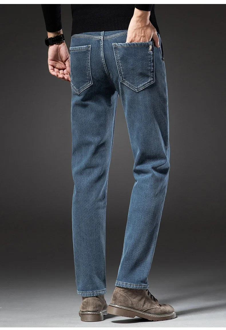Winter Fleecy Thickened Warm Jeans Vintage Brand Classic Retro Youth Fashion Men Fit Straight Leg Casual Stretch Denim Pants