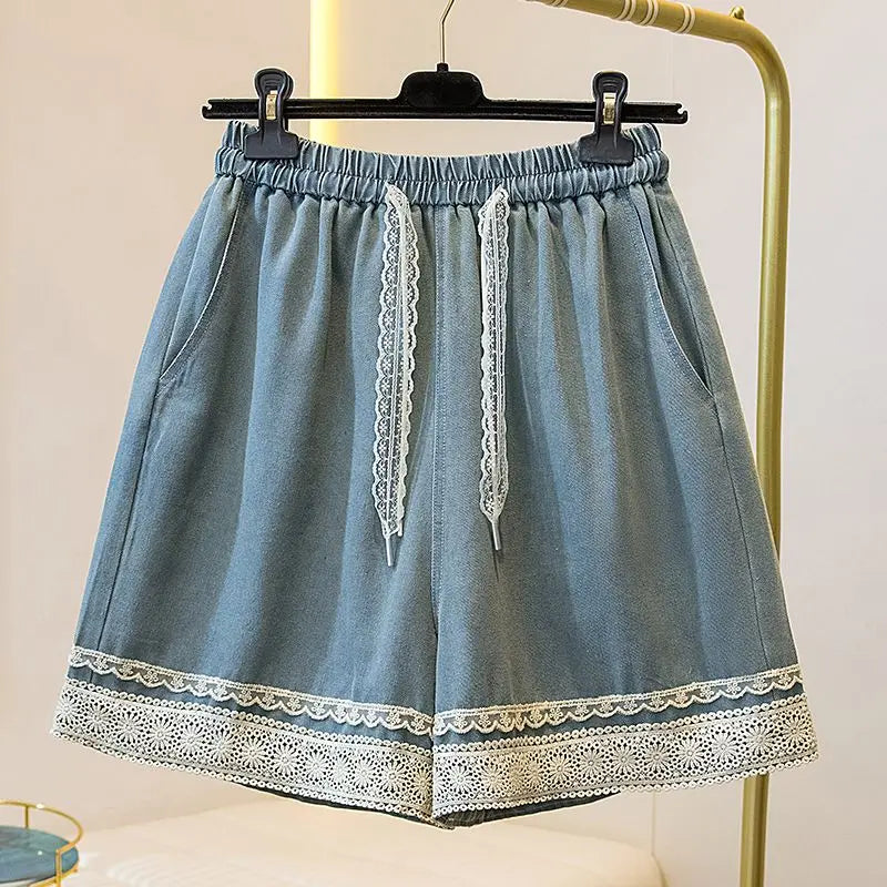 Women's High Waist Denim Shorts Summer Casual Loose Wide Leg with Lace Edging Five Points Trousers