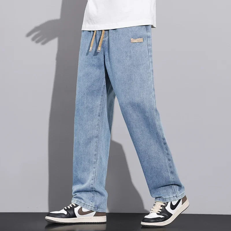 Men Dark Blue Blue Stretch Elastic Waist Denim Pants Streetwear Loose Full Length Trousers Straight Wide Leg Drawstring Jeans