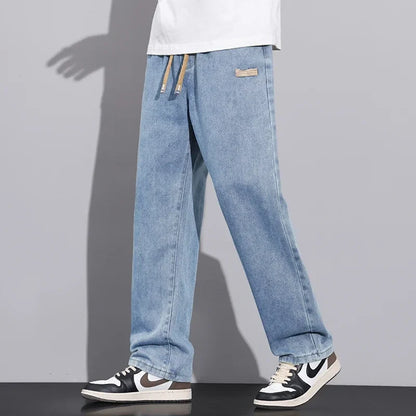 Men Dark Blue Blue Stretch Elastic Waist Denim Pants Streetwear Loose Full Length Trousers Straight Wide Leg Drawstring Jeans