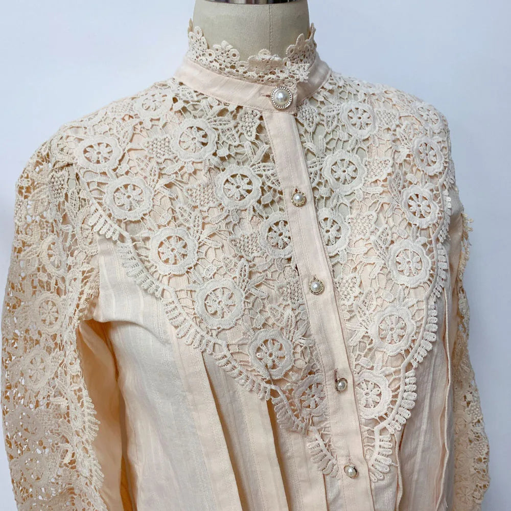 Vintage Solid White Lace Blouse Shirts Women New Korean Button Loose Shirt Tops Female Hollow Casual Ladies Blouses Blusas