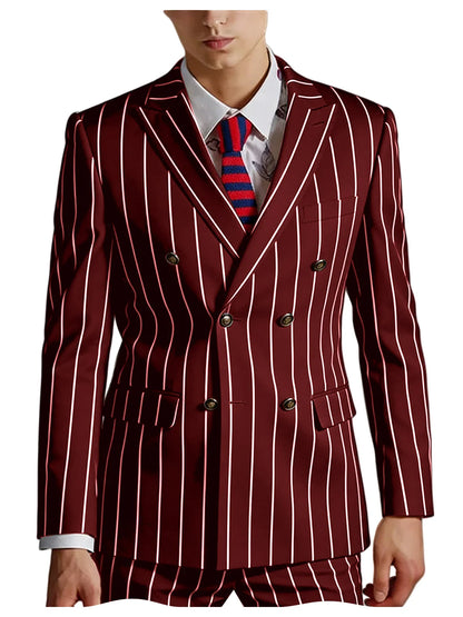 Men's Pinstripe 2 Piece Suit Set Double Breasted Peak Lapel Slim Fit Striped Tuxedo Suit For Wedding Prom Business Formal