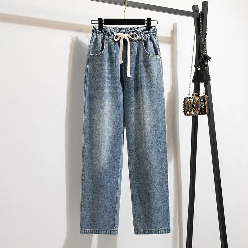High Waist Wide Leg Cotton Denim Dstring Loose Fit Women's Autumn 2024 Slimming Effect Pure Cotton Casual Trousers