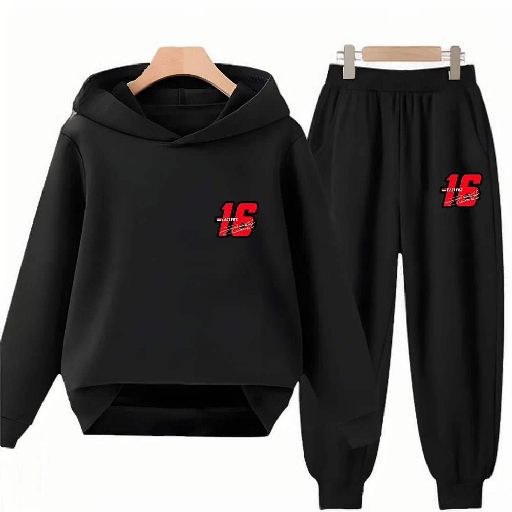 Children Hoodie Racing Sports driver number 16 Boys Girls Print Pullover 3-12Yrs Coat +Pants Toddler Clothes Leisure Black Set