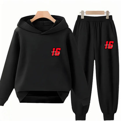 Children Hoodie Racing Sports driver number 16 Boys Girls Print Pullover 3-12Yrs Coat +Pants Toddler Clothes Leisure Black Set