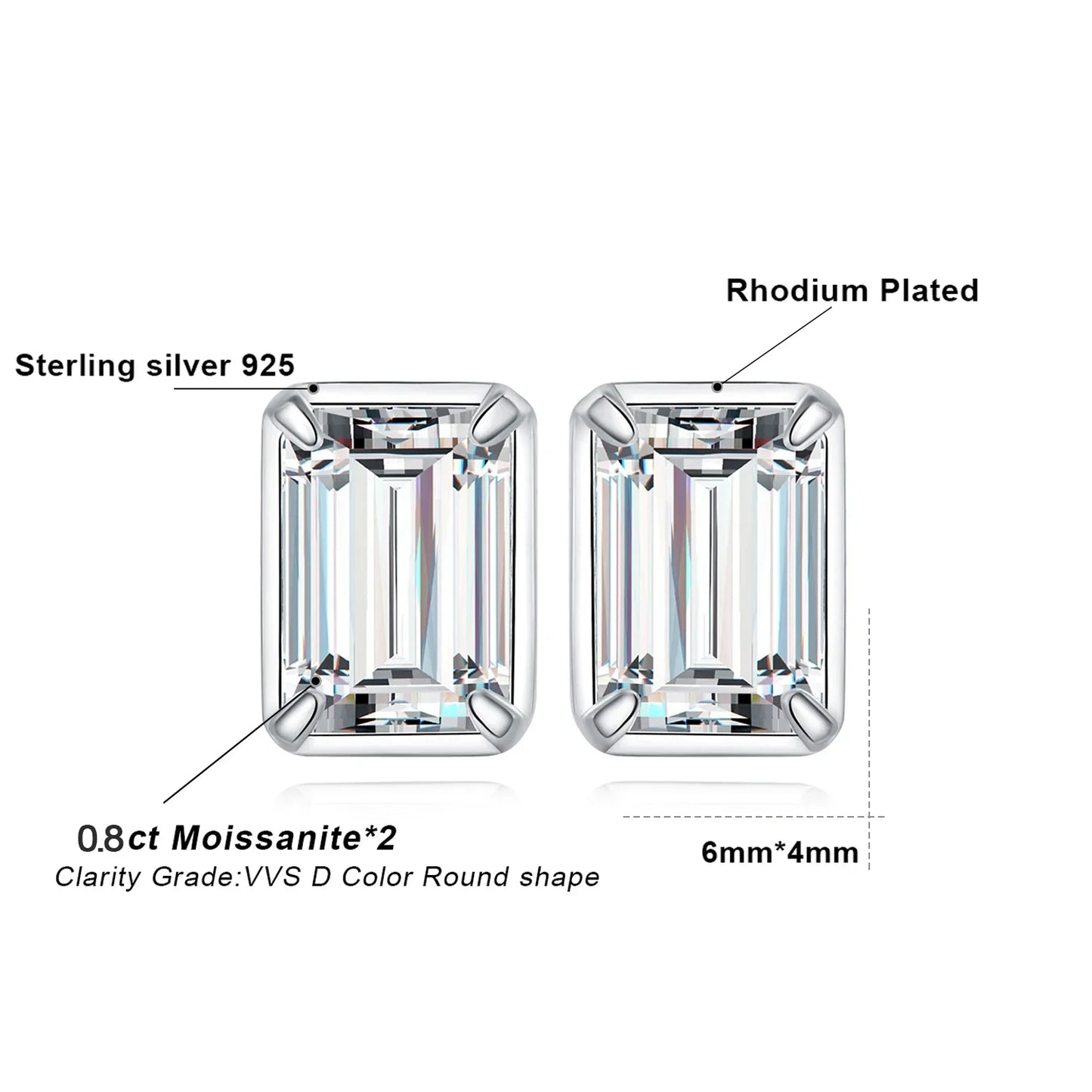 Moissanite D Color 1.6ct/pair Emerald Cut 925 Sterling Silver Stud Earrings for Woman Yellow Rose Gold Plated