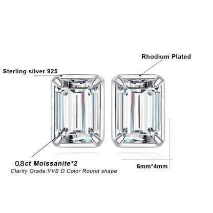 Moissanite D Color 1.6ct/pair Emerald Cut 925 Sterling Silver Stud Earrings for Woman Yellow Rose Gold Plated