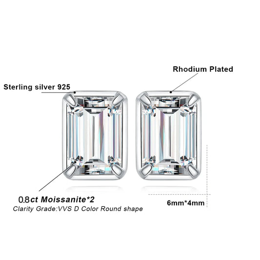 Moissanite D Color 1.6ct/pair Emerald Cut 925 Sterling Silver Stud Earrings for Woman Yellow Rose Gold Plated