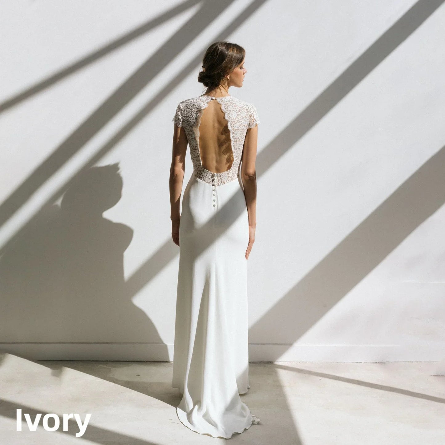 Simple Mermaid Bridal Gown Deep V Floral Lace Cap Sleeve Sheer Waist Cutout Back Buttons Soft Chiffon Custom Beach Wedding Dress