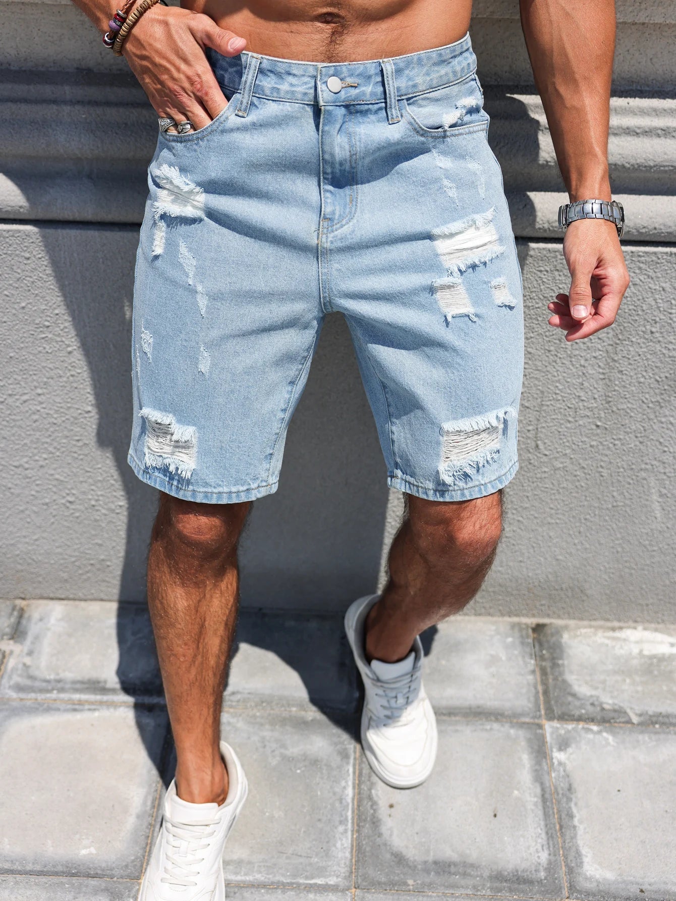 Hole-washed Water Buffalo Denim Short Pants - Men's Trendy Loose Straight Five-Piece Casual Shorts - Summer New Style
