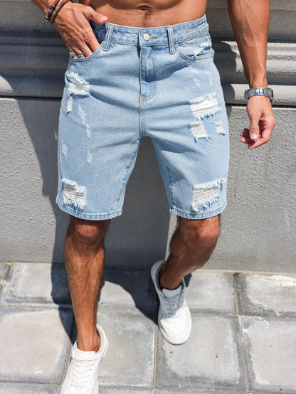Hole-washed Water Buffalo Denim Short Pants - Men's Trendy Loose Straight Five-Piece Casual Shorts - Summer New Style